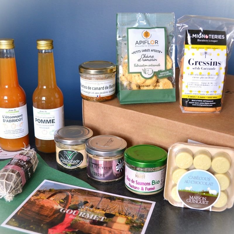 Panier gourmand sans porc et sans alcool avec produits du terroir artisanaux
