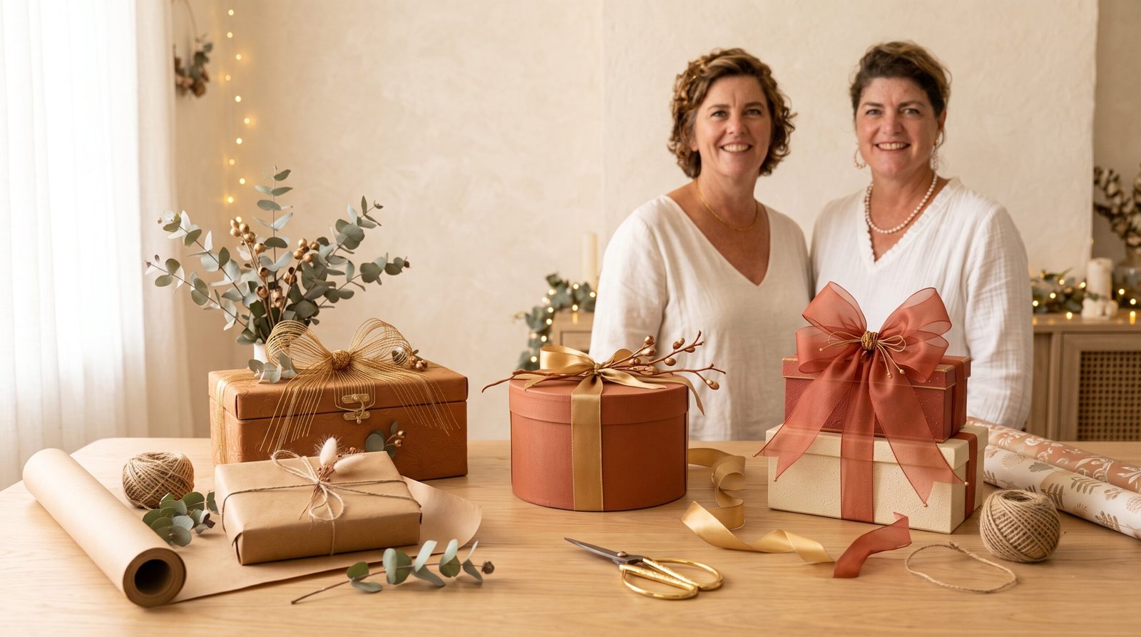 Nathalie et Delphine derrière une table de cadeaux emballés