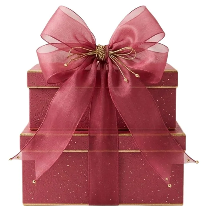 Coffret cadeau bordeaux, nœud organza et doré